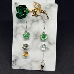 Vintage Jewelry Lot Rhinestone Crystal Studs Amber Flower Rose Mix Cottagecore